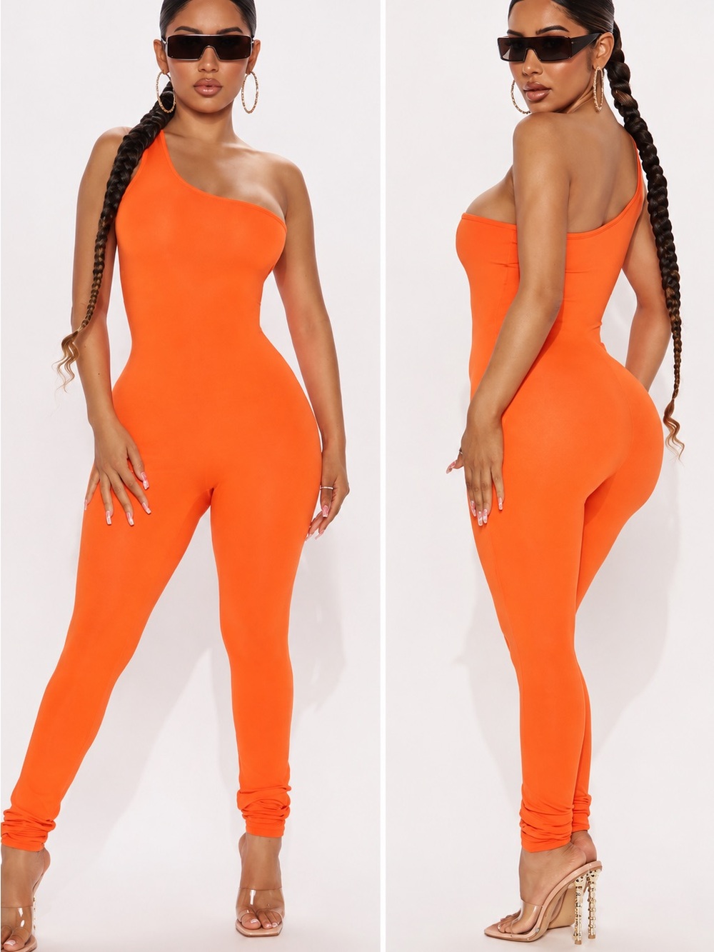 Fashion Nova One-Shoulder Neon Orange Jumpsuit